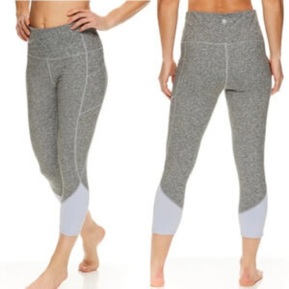 GAIAM Women’s Athletic Workout Crop Yoga Leggings Size XL Gray Lavender Pockets